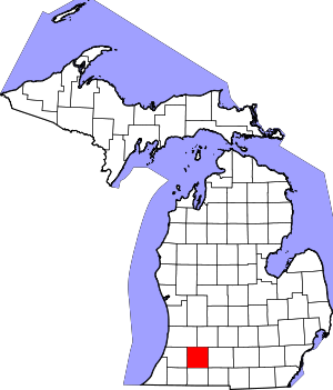 A map of the State of Michigan with Kalamazoo County highlighted in red.